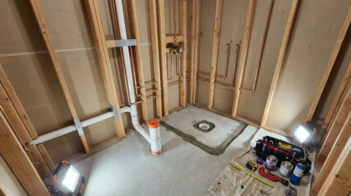Bathroom rough-in plumbing during remodel by Johns Plumbing LLC in Bellingham