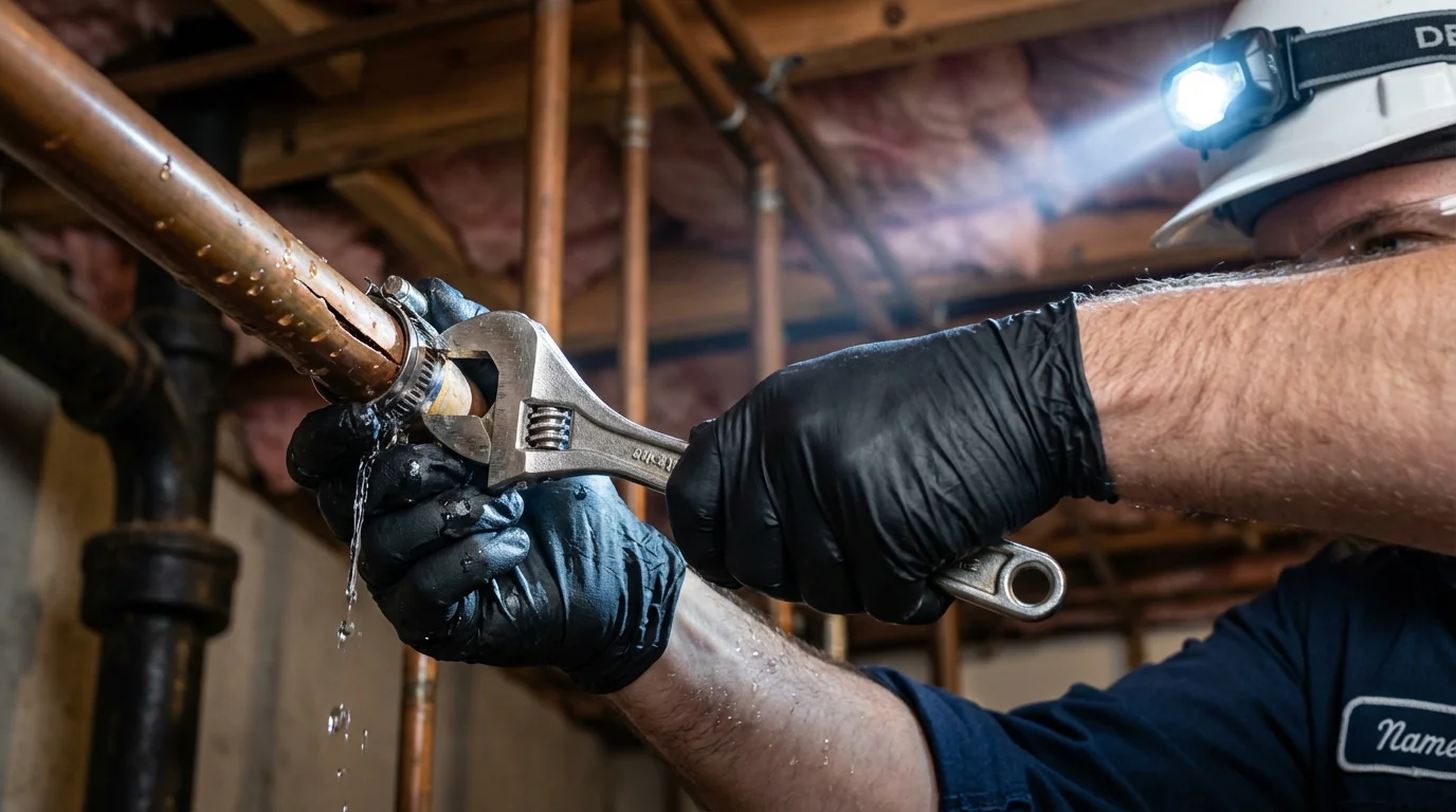 Emergency pipe clamp repair being performed by a Johns Plumbing LLC plumber in Bellingham