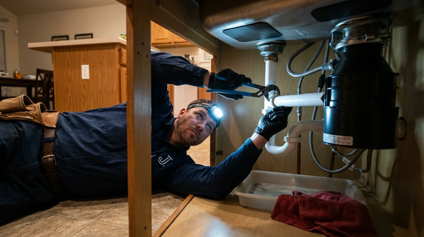 P-trap and supply line connections under a kitchen sink showing a common leak point in Bellingham, WA